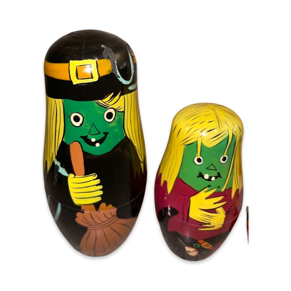 Vintage Hand Painted Witch Nesting Dolls: 5 Piece Halloween Decor Set: Rare - Picture 2 of 5